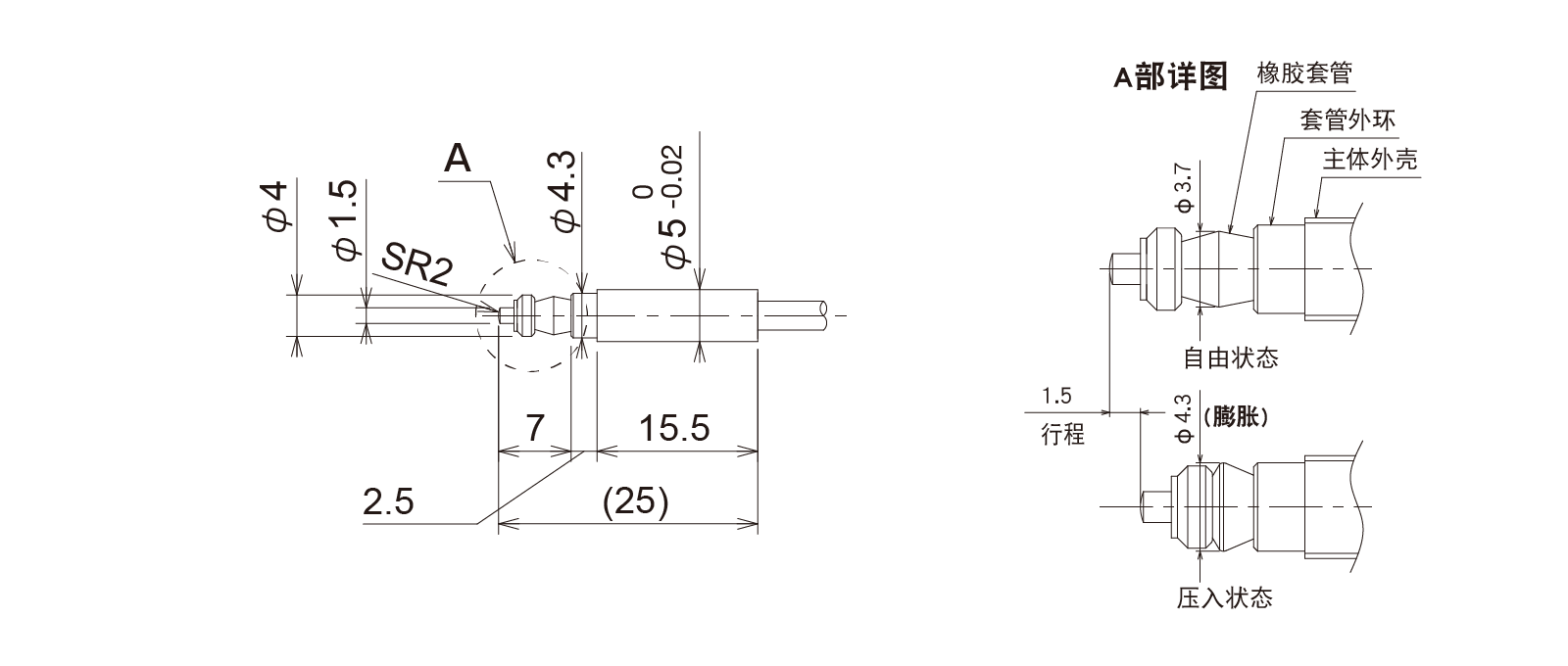 PTP5S3CB-Lの外径寸法図1